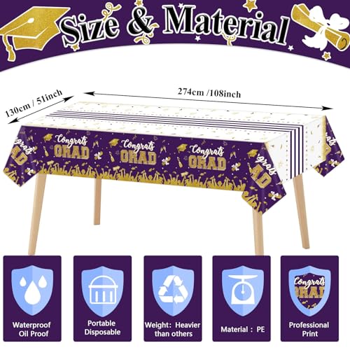 Image of chiazllta Set of 3 Graduation Tablecloths Class of 2026 Congrats Grad Purple Graduation Party Tablecover Decorations Party Supplies Large Size Plastic 54 inchx108 inch(Purple & Gold)
