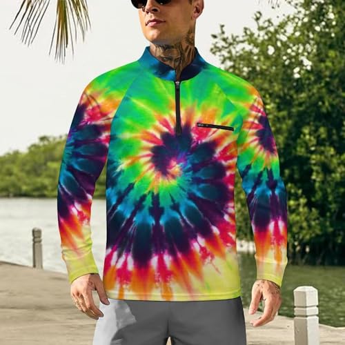 Colorful Tie Dye Men's Rash Guard Long Sleeves Quick Dry Fishing Workout Shirts with Zipper2