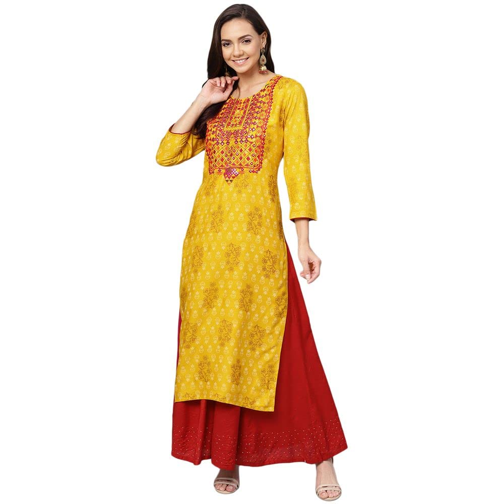 Anubhutee Women's Rayon Yellow Mirror Work Ethnic Motifs Embroidered Straight Kurta