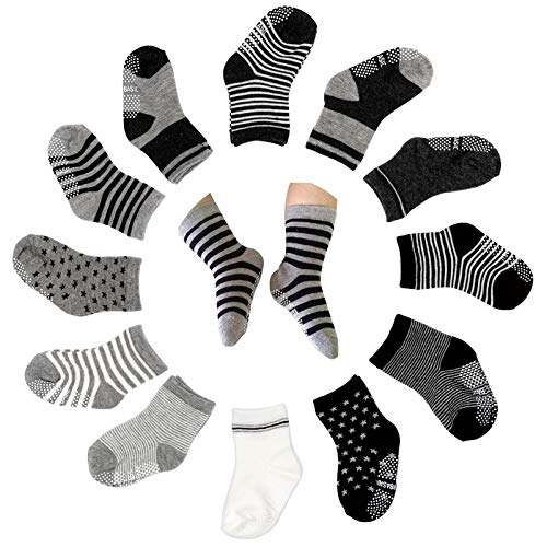 12 Pairs Non Skid Anti Slip Baby Crew Socks with Grips For Baby Toddlers Boys Girls Infant Kids?12-36 Months? (Grey)