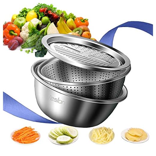 Jeslon Stainless Steel Drain Basket Vegetable Cutter, 3 in 1 Kitchen Multipurpose Julienne Grater - Salad Maker Bowl