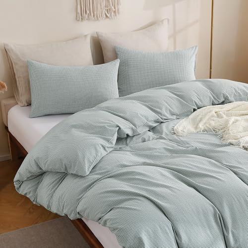 Image of TOCOMOA Mini Gingham Green Duvet Cover Bedding Set 100% Washed Cotton Like Linen Feel Super Soft Comfortable 3 Piece Small Plaid Checkered Comforter Cover Set (Queen 90 inchx90 inch, Comforter Not Included)