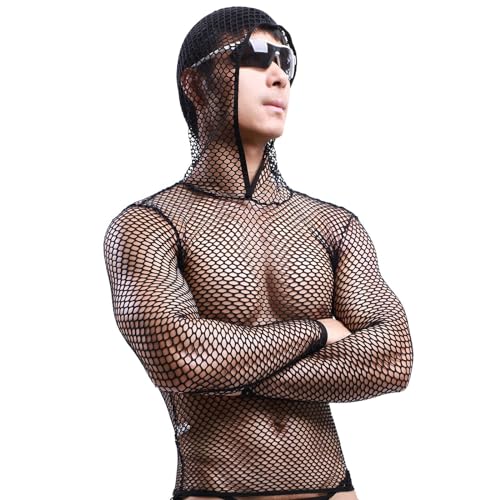 Mens Fishnet Hoodie Mesh Shirt See Through Undershirt Sexy Net Top Long Sleeve Muscle Shirts