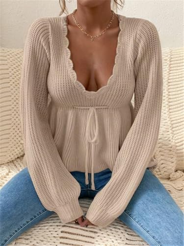 Womens Scalloped Deep V Neck Long Sleeve Sweater Casual Sexy Tie Front Empire Waist Babydoll Ribbed Knit Tops Chunky Pullover2