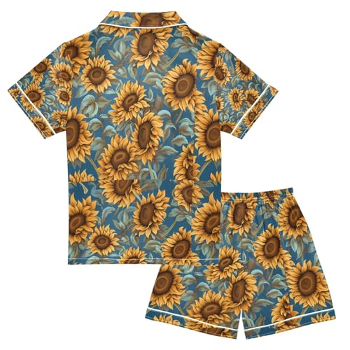 senya Sunflower Navy Satin Summer Pajama Sets Silk Short Sleeve Button Down Sleepwear2