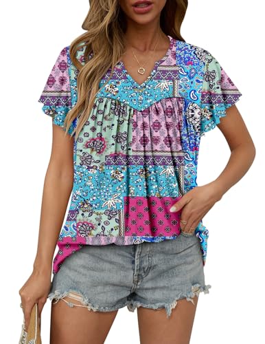 KISSMODA Tops for Womens Summer Cute Short Sleeve Shirts Trendy Notched Neck Blouses Casual Loose Pleated Tunics S-3Xl