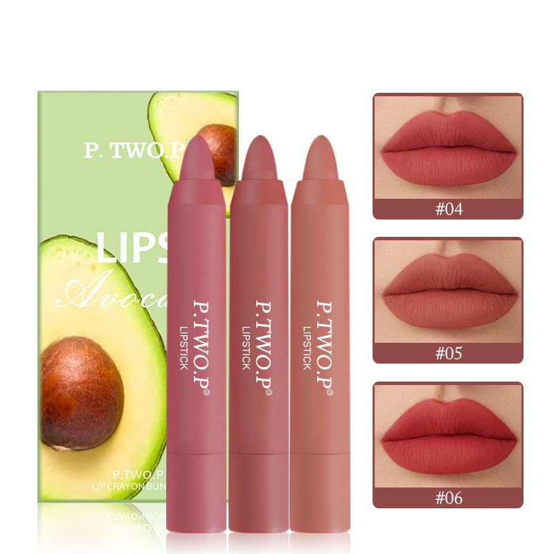 3 Colors Matt Nude Lipstick Lipliner Lip Crayons Pack Set, Velvet Moisture Smooth Matte Lipstick Pencils, Waterproof&Waterlasting, #02#04#06