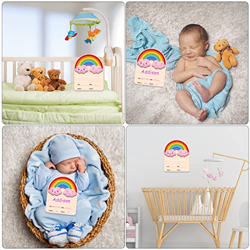 Image of FLYAB Rainbow Baby Birth Announcement Sign, Farmhouse Style, 4.8 inchx6 inch, PVC Board, Personalized Birth Stats, Photo Prop for Newborn, Baby Shower, Birthday