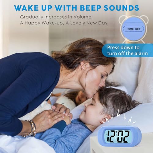 Image of Plumeet Kids Alarm Clock Large Digital LCD Travel Alarm Clocks with Snooze and Night Light - Ascending Sound and Handheld Size - Best Gift for Kids (Baby Blue)