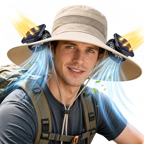 Solar Fan Hat UPF 50+ Wide Brim Sun Hat with 2 Fans 2-in-1 Solar & USB Charging 3 Speeds Adjustable Hat with Fans for Men Outdoor Fishing Camping Hiking Gardening Beach Gift for Men Dad (Khaki)