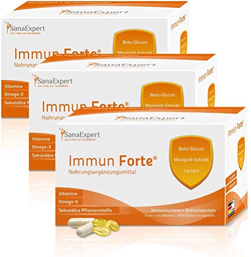 SanaExpert Immun Forte, Vitamine und Mineralstoffe für das Immunsystem, Omega-3-Fettsäuren, Beta-Glukan, Marigold-Extrakt, Lycopin und Lutein, 1 Monatspackung à 90 Kapseln (69g) (3)