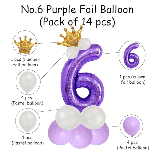Image of Purple 6 Number Foil Balloon with Crown & Base Balloons | 32 Inch Helium Supported for Birthday, Anniversary, Baby Shower Decoration - Pack of 14