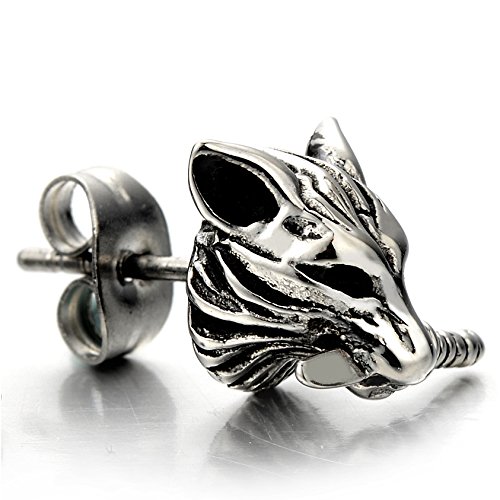Rock Punk - Aretes tipo dormilona con cabeza de lobo para hombre, acero inoxidable, 2 unidades, Acero inoxidable Metal, No es una piedra preciosa 3