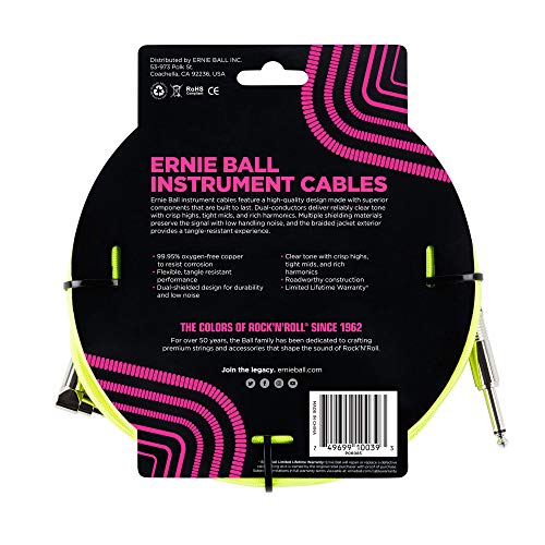 Image of Ernie Ball Braided Instrument Cable, Straight /Angle, 18ft, Neon Yellow (P06085)