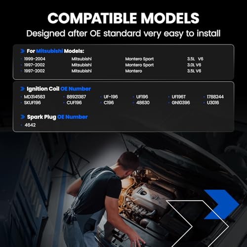 Image of 3-Pack UF196 Ignition Coils & 6-Pack 4642 Spark Plugs Kit Compatible with Mitsubishi Montero 1997-2002 3.5L, Montero Sport 1997-2002 3.0L, Montero Sport 1999-2004 3.5L - Replaces MD314583
