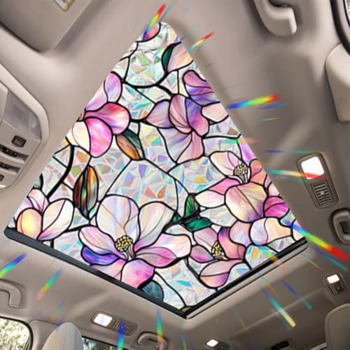 JOONOR Purple Magnolia Flower Sunroof Film Floral Rainbow Effect Static Clings Window Privacy Film Sun Protection Stained Glass Decals for Car Moonroof & Side Windows, 17.72 x 35.43 Inch