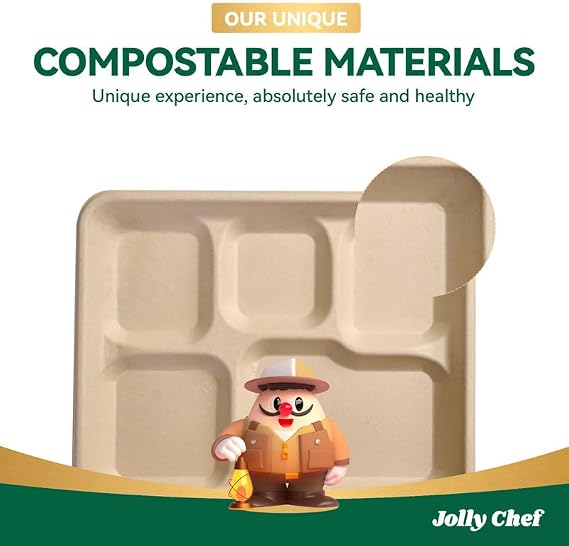 Compostable 5 Compartment 10*8.25*1 Inch 125 Pack Heavy Duty Paper Plates