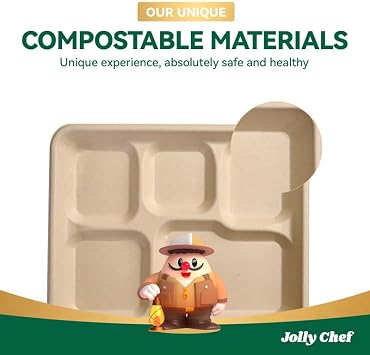 Compostable 5 Compartment 10*8.25*1 Inch 125 Pack Heavy Duty Paper Plates