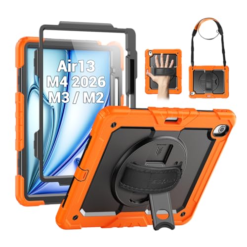 Image of SEYMAC for iPad Air 13 Inch Case M4 / M3 / M2 (2026 /2025 / 2024), Heavy Duty Shockproof Protective Case with Screen Protector, 360 Rotating Stand, Hand /Shoulder Strap and Pen Holder, Orange