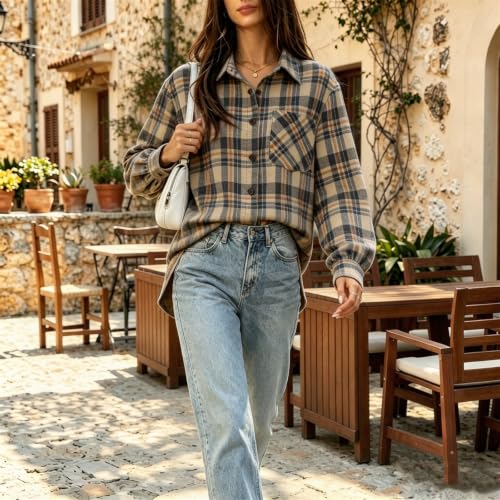 Khaki Plaid Shirts for Women Button Down Fashion Jacket with Chest Pocket - image 2