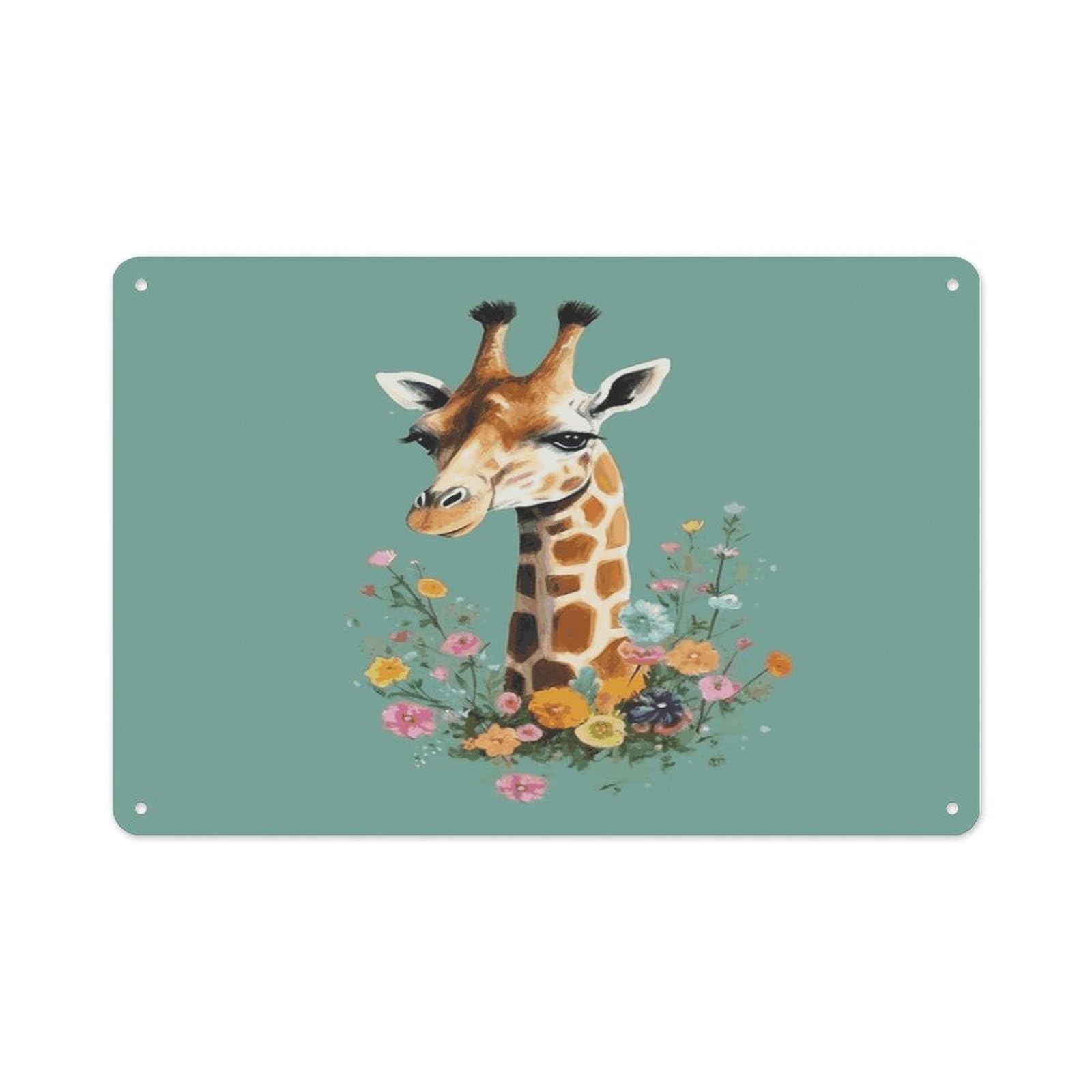 Fekiloot Style Giraffe With Flowers Wall Decor-Aluminum Painting,Tin Sign For Vintage Decoration,Wall Sign For Bathroom Living Room Kitchen Home Farm Farmhouse 11.8 * 7.9 Inch