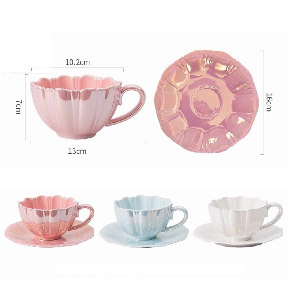 Blumenform Kaffeetasse Set Perlenglanz Blumentasse 230ml Espressotasse niedliche Capuccinotasse mit Untertasse für Frauen Freundin Geburtstag Muttertag Valentinstag (Rosa)