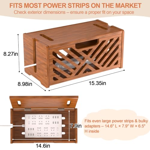 Extra Large Wooden Cable Management Box, 15.35 x 8.98 x 8.27 inches, Cord Hider Box with Cable Slots, Cable Organizer Box to Hide Power Strips, Surge Protector, Extension Cords for Desk & Floor by Dhmkfly - Used condition - Image 2