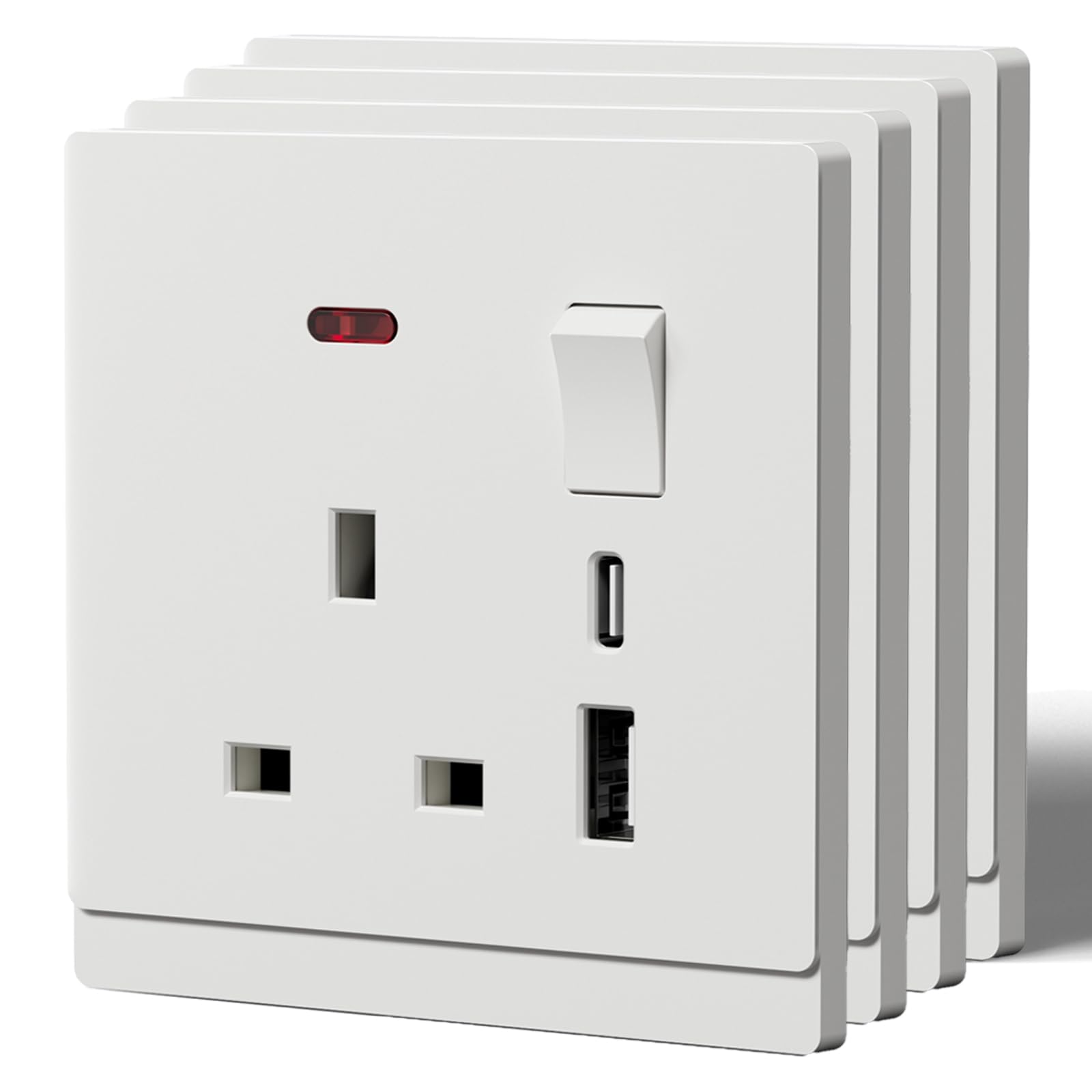 BSEED Single Socket with USB C,Tactile Finish Switched Wall Sockets,13A Electric Power Outlet,Individual Control & LED Indicator,Designer Wall Plate,Single-4 Pack,86mm White