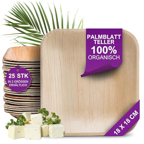 Waipur Bio Palmblatt Teller - 25 Stück eckig 18x18 cm - Premium...