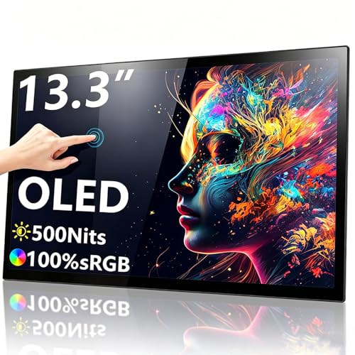 Image of 13.3 inch OLED Portable Monitor Touchscreen, 1080P HDR Travel Screen, 500 Nits, Ultra-Slim External Second Monitor for Laptop Mac PC & Android Phone /Tablet (No Touch for iPhone /iPad /Consoles), with Case