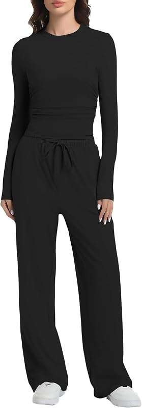 Conjuntos de salón de 2 piezas para mujer, trajes de otoño, chándales de pierna ancha de manga larga, ropa de descanso informal a juego de dos piezas para mujer