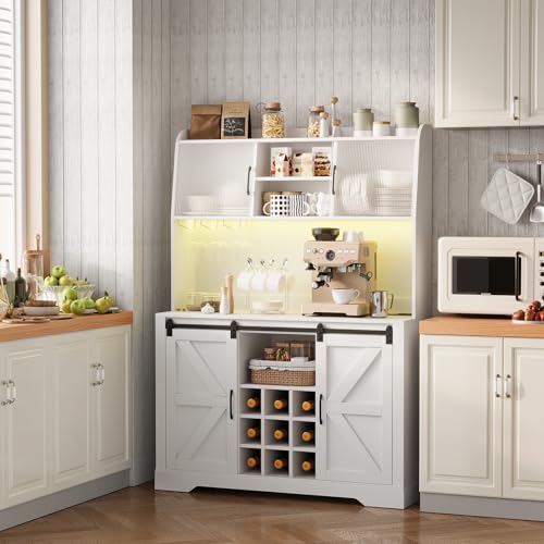 Coffee-Bar-Cabinet-with-Charging-Station-LED-Light-Farmhouse-Kitchen-Hutch-with-Acrylic-Doors-Tall-Bar-Cabinet-with-Wine-Glasses-Rack-Coffee-Bar-Storage-Cabinet-White Coffee Bar Cabinet with Charging Station LED Light Farmhouse Kitchen Hutch with Acrylic Doors Tall Bar Cabinet with Wine Glasses Rack Coffee Bar Storage Cabinet White