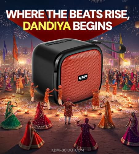 Image of KDM 30 DotCom Portable Bluetooth Speaker, 5W Clear Sound, 8H Playtime, TWS Pairing, FM Radio, Hanging Strap, USB /TF, Type-C Charging, Compact Design,Red