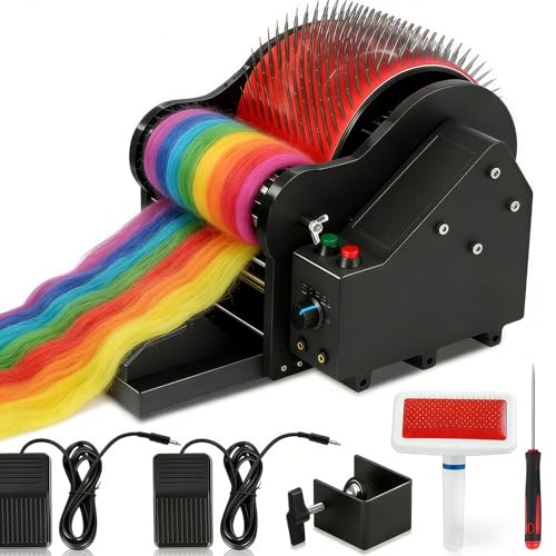 Wool Felt Drum Carder, Electric Carding Machine, Adjustable Forward and Reverse Speed, with Foot Pedal, Fiber Carding Machine with Brush & Awl, 56 RPM, for Fast Color Mixing, Combing, Spinning