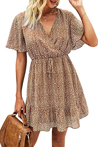 Awemeal Sommerkleid Damen Kurz Drucken Boho Kleider Strandkleid Kurzarm V-Ausschnitt Chiffon Kleid Rüsche Minikleid mit Gürtel （S, Braun）