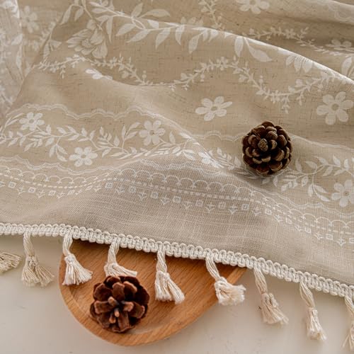 Image of MYSKY HOME Taupe Boho Floral Linen Curtains 90 Inch Length for Living Room | Light Filtering Farmhouse Bohemian Curtains for Bedroom Semi Sheer Drapes with Beige Tassels Back Tab, 50 inch Wide, 2 Panels