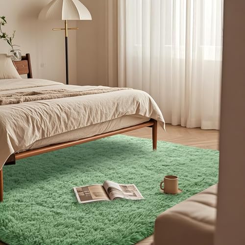 Green Fluffy Rugs for Living Room 5x7 ft - Ultra Soft Faux Fur Area Rug - Plush Non-Slip Shaggy Carpet for Bedroom, Kids Boys Girls Dorm Nursery Room
