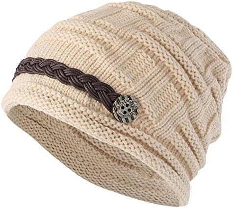 ELACUCOS Women Winter Beanie Cabled Checker Pattern Knit Hat Button Strap Cap