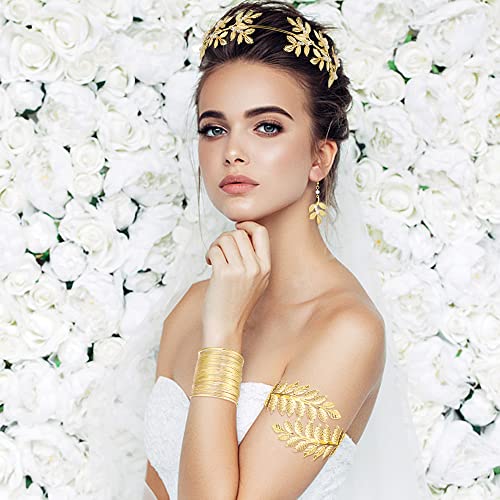 Fansilver Greek Goddess Costume Accessories for Women Gold Headpiece Upper Arm Cuff Bracelet Dangle Earring Goddess Gold Jewelry Set for Bridal Wedding Toga Party4