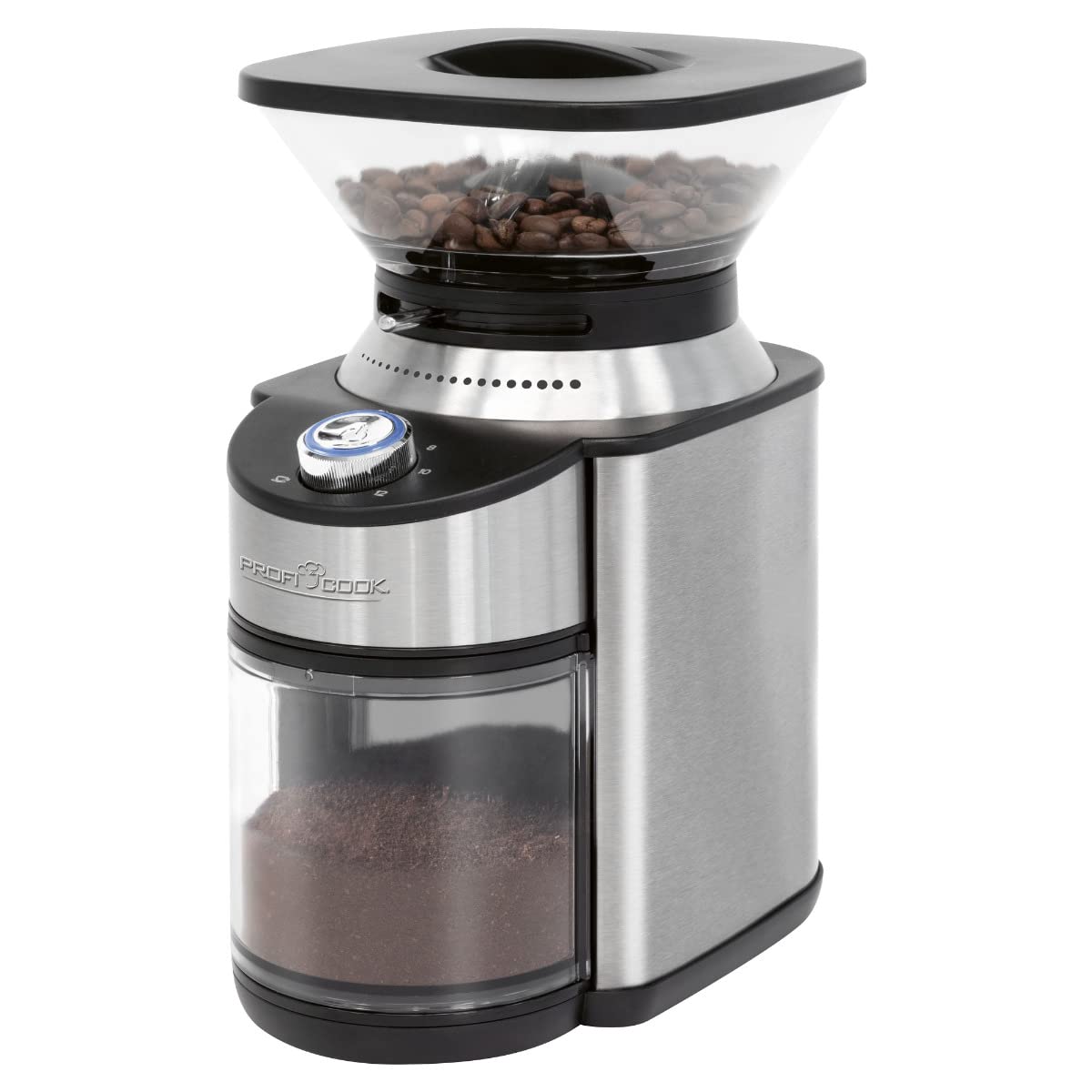 ProfiCook PC-EKM 1205 - Molinillo de café eléctrico, 200 W, 16 ajustes de grado de molienda, acero inoxidable, molinillo de café, hasta 230 g de granos de café, temporizador eléctrico
