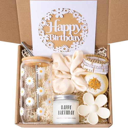 isolune Birthday Gifts For Women, Teen Girl, Her - Gift Baskets with Cute Daisy Aesthetic Glass Cups Gift Set 7pcs - Perfect for Girl, Sister, Daughter, Friends