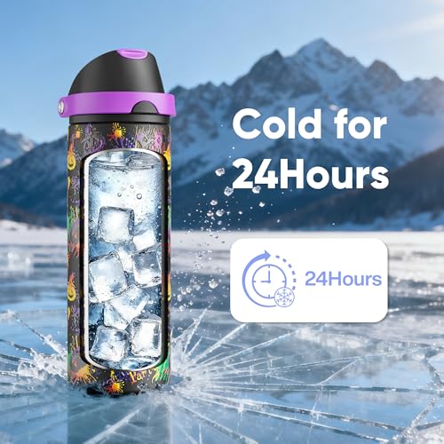 Image of Insulated Water Bottle with Straw - Encool Stainless Steel Water Bottle with Push Button Lid, Leak-Proof & BPA-Free, Keeps Cold for 24 Hours for Sports, Travel, Gym (24 oz, Ghost Party)