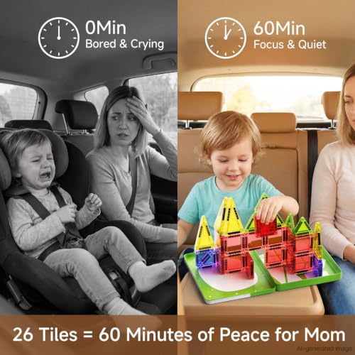 Image of Travel Magnetic Tiles for Kids Car Games Road Trip Essentials | 26 PCS Mini Magnet Building Blocks in Tin Box to Stop Crying - 0.64 lb Pocket Size Educational Toy- Boys Girls Age 3-8