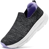 Picture of STQ Wide Toe Box Walking Shoes Women Non Slip Nurse Shoes Lightweight Cushion Memory Foam Slip on Sneakers with Arch Support for Gym Workout Tennis Athletic Charcoal Grey Purple Size 7.5