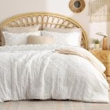 Bedsure Queen Comforter Set - White Comforter, Boho Tufted Bedding Comforter Set for Kids, 3 Pieces Farmhouse-Style Bed Set for All Seasons, Fluffy Soft Bedding Set with 2 Pillow Shams