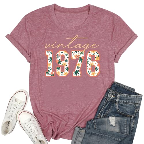 Image of 50th Birthday Gift for Women Vintage 1975 T Shirts Retro Graphic Birthday Shirt Casual Letter Print Short Sleeve Tee Tops