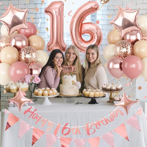 Image of Jobkoo Girls 16th Birthday Decorations, Retro Pink Nude Sweet 16 Balloon Set Happy 16th Birthday Banner Cake Topper Dusty Pink Beige Rosegold Star Balloons for Boho 16 Year Old Bday Party Decoration