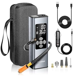 Cocosun Tire Inflator Portable Air Compressor, 2X Faster Inflation [9400mAh Battery & 12V DC Cord] Car Tire Pump with LCD Dual Display, 150PSI Electric Air Pump for Car SUV MPV RV Bike Ball,Grey