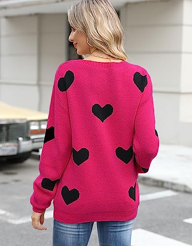 Image of Womens Cute Heart Sweater Crew Neck Long Sleeve Pullover Valentines Sweater