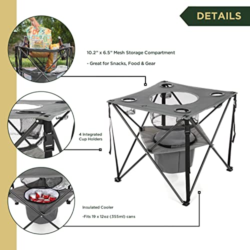 Arrowhead Outdoor 33.5” Portable Folding Tailgate Table, 4 Cup Holders, Food Basket, Insulated Cooler, No Sag Surface, Square, Carrying Case, Steel Frame, High-Grade 600D Canvas, Usa-Based Support #TOP3
